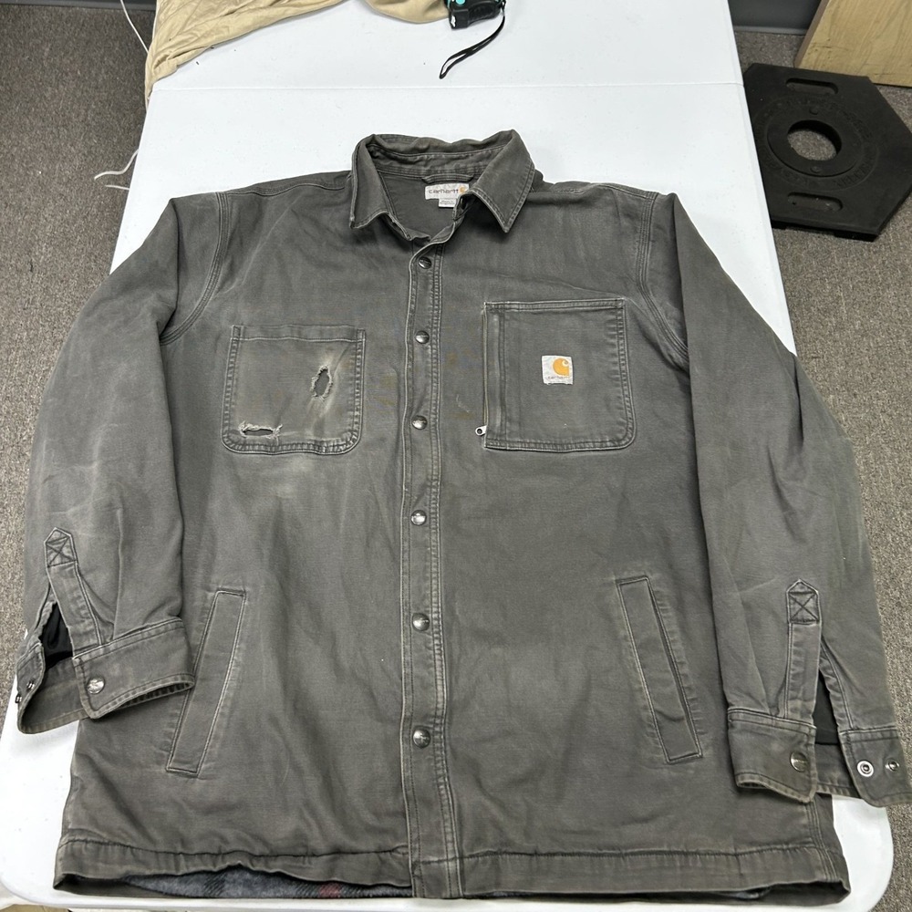 Carhartt Shirt Jacket Mens XL Gray Hubbard Canvas Blanket Lined Distressed